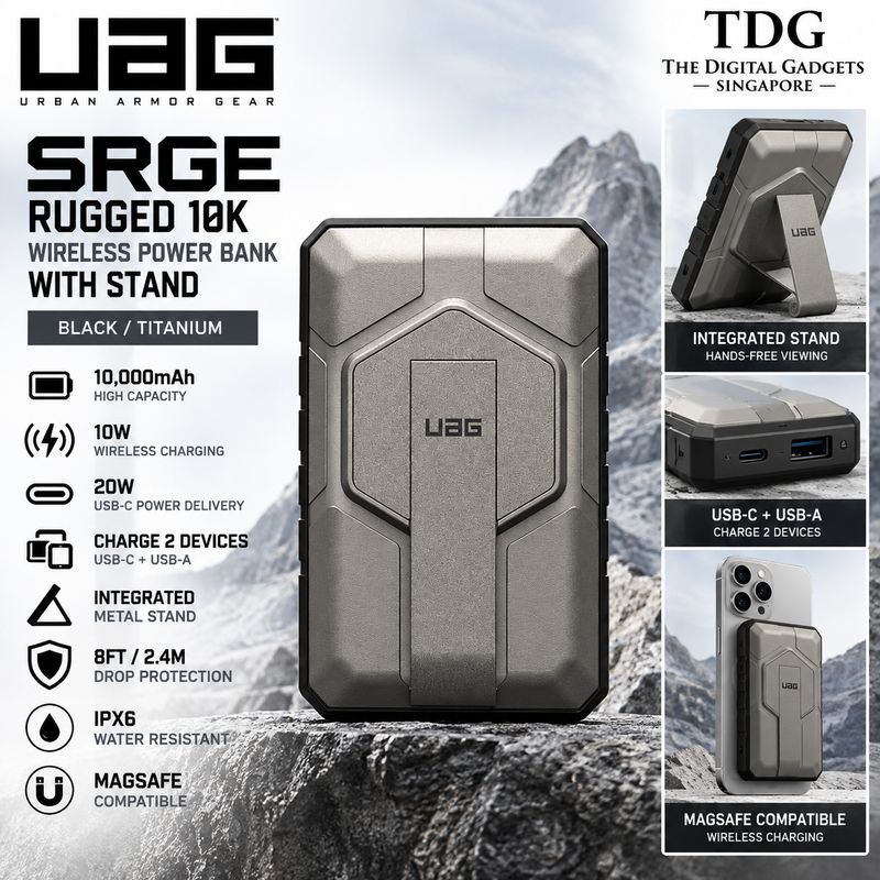 UAG SRGE Rugged 10K Wireless Power Bank with Stand in Black and Titanium