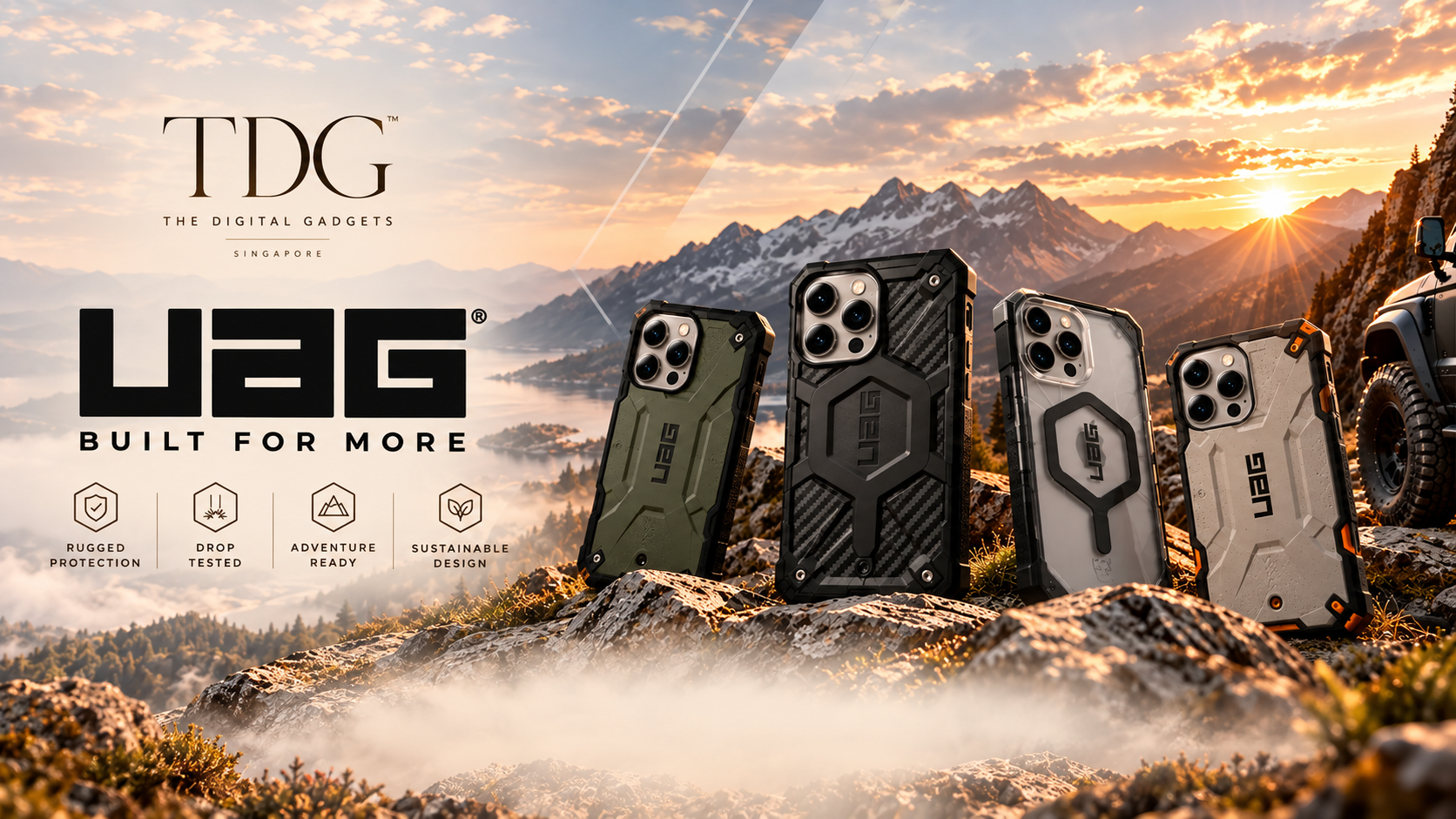 UAG Built for More — rugged cases against a mountain landscape, presented by The Digital Gadgets