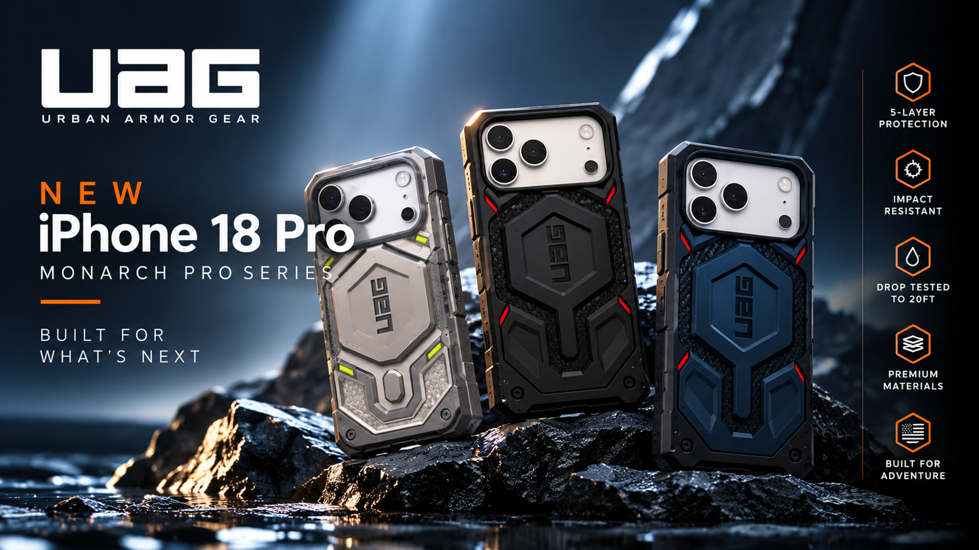 New iPhone 18 Pro Monarch Pro Series: UAG cases with five features listed vertically on the right — 5-layer protection, impact resistant, drop tested to 20ft, premium materials, and built for adventure